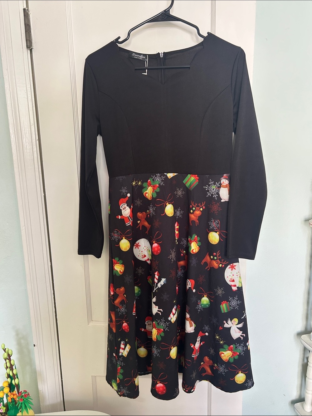 Women's Black Midi Dress with Festive Christmas Multi-Color Print